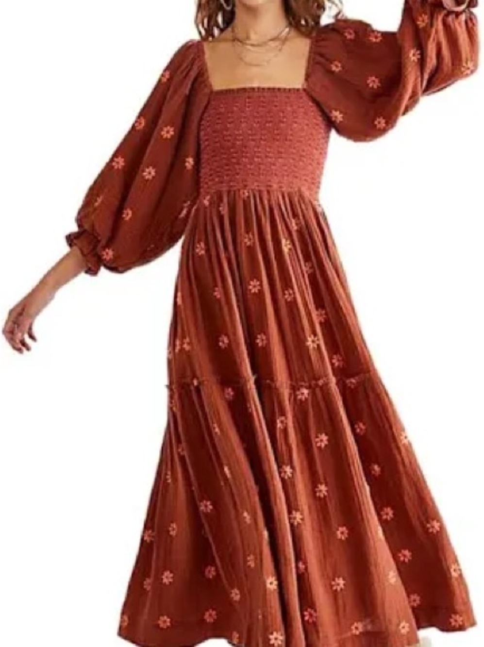 Women’s Rust Floral Smocked Maxi Dress - Picture 2 of 10